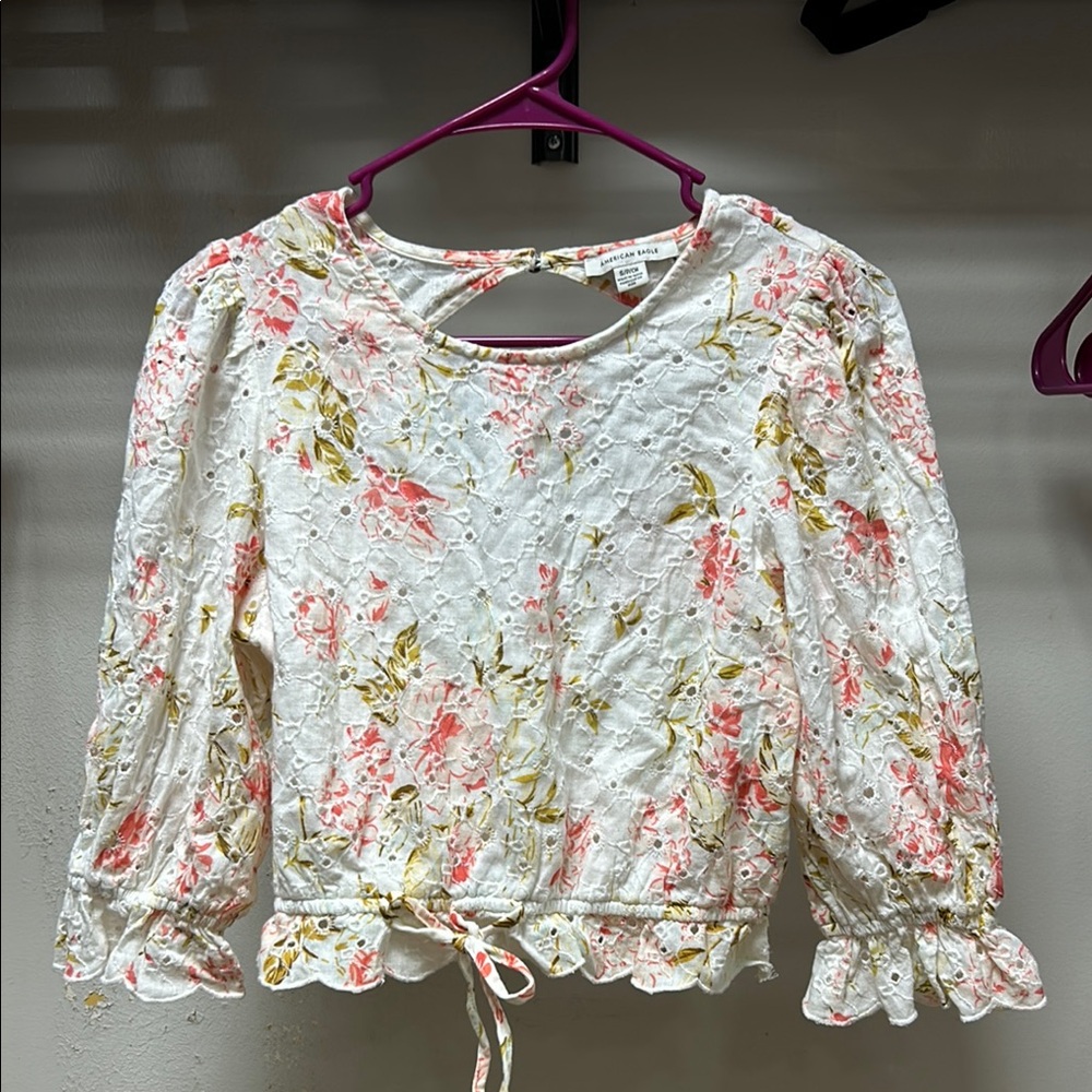 American Eagle Outfitters Pink and Green Ruffled Crop Blouse with Ruffled skirt